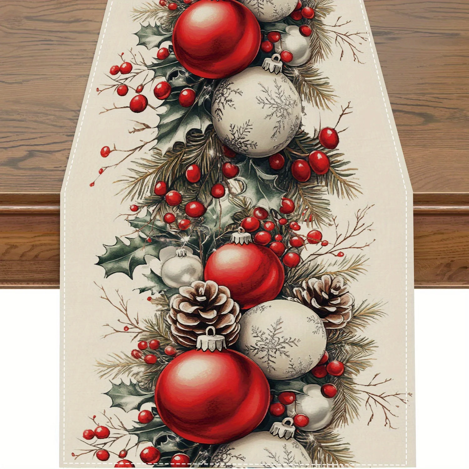 Christmas Table Runner - Weihnachtskugeln, Tannenzapfen, rote Beere, Leinen, Tischläufer